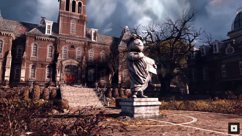 Already eerie, Woodburn Hall at West Virginia University appears in this screenshot from Fallout 76.