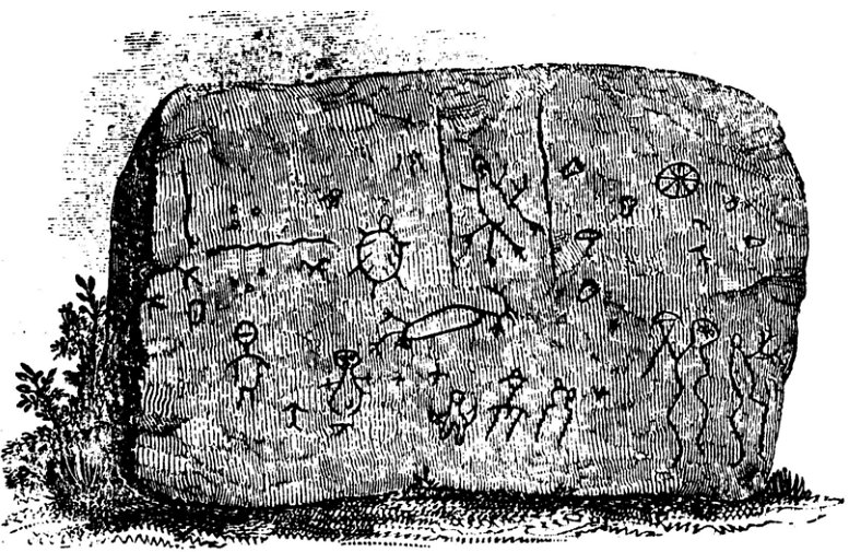 Illustration of Half-Moon Archaelogical Site, c. 1847 Images of beasts and men decorate a boulder at the Half-Moon archaeological site, now submerged beneath the Ohio River.
