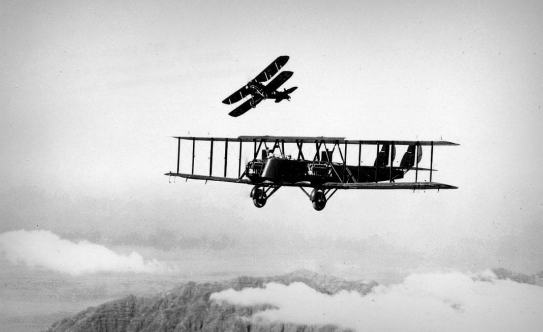 Martin MB-2 Martin MB-2 in flight with a pursuit aircraft practicing an attack. (U.S. Air Force photo)