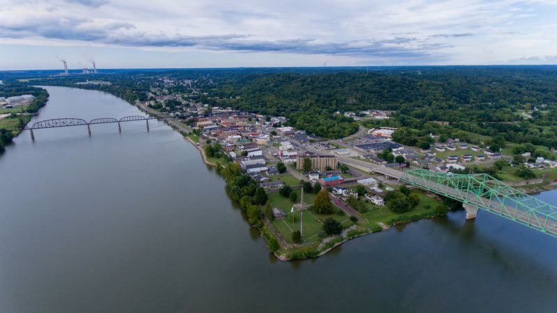 Aerial view of Point Pleasant, West Virginia The community of Point Pleasant extends into the distance from the junction of the Ohio (left) and Kanawha (right) rivers.