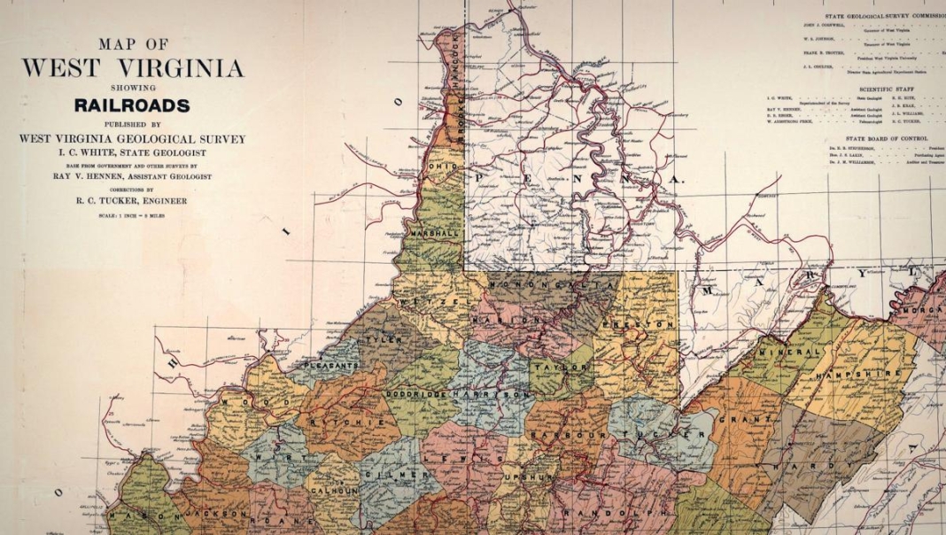 Section of 1918 map of West Virginia Railroads Northern Panhandle of West Virginia