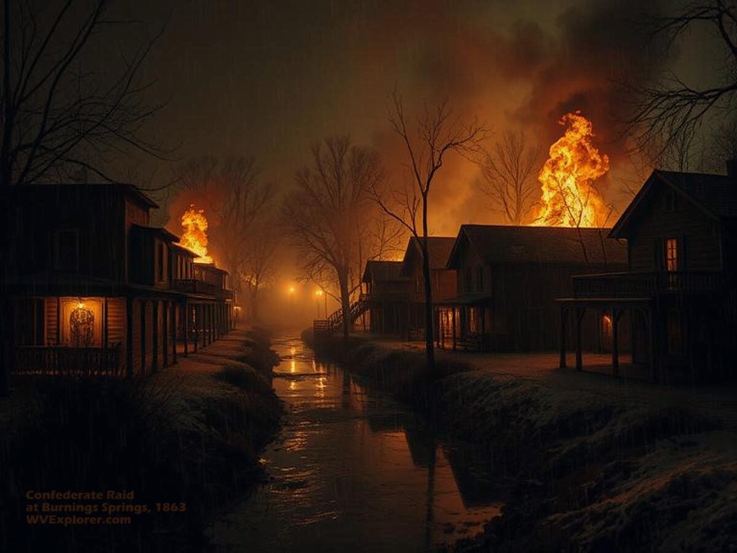 Burning at Burning Springs, West Virginia Newspapers of the time reported that the fire at Burning Springs was visible from 40 miles away in Parkersburg, West Virginia.