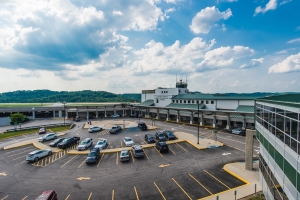 The main terminal at CRW (Yeager Airport) is a small, modern facility with a single concourse and basic passenger amenities.